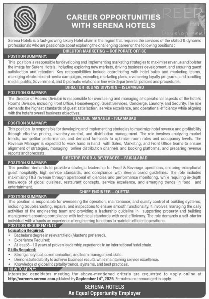 Serena Hotel Islamabad Multiple Jobs 2025