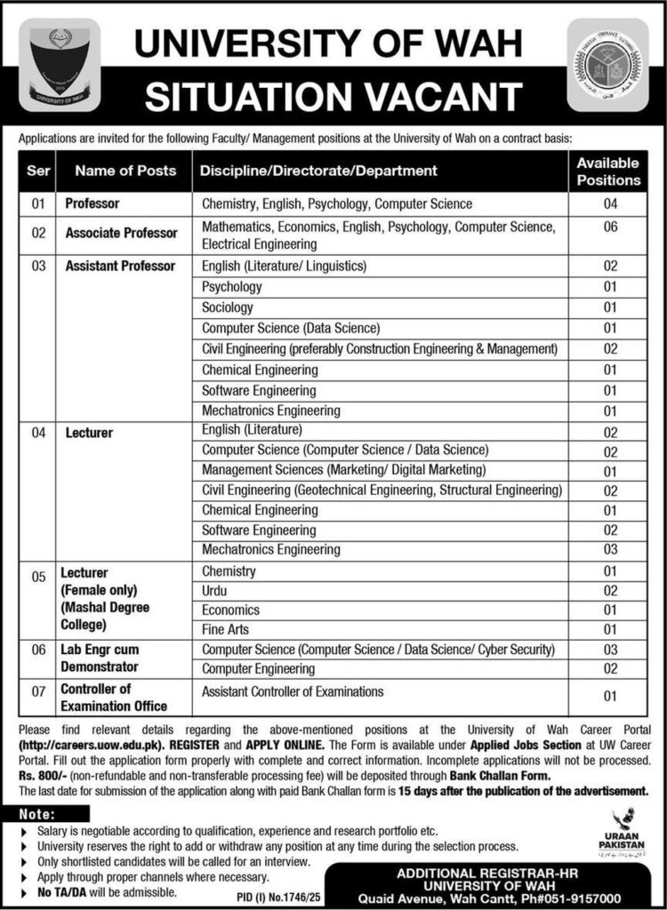 Lecturer Jobs Advertisement 2025 at University of Wah