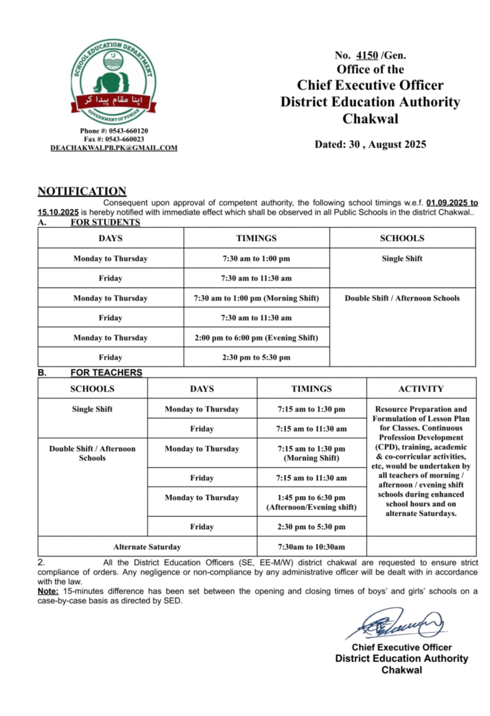 New School Timings in Punjab from 1st September 2025