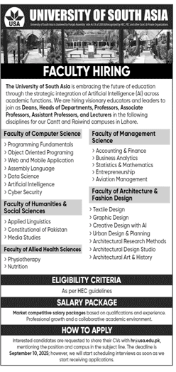 Lecturers Jobs 2025 in USA University of South Asia