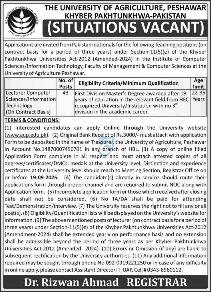 Lecturers Jobs 2025 at University of Agriculture Peshawar